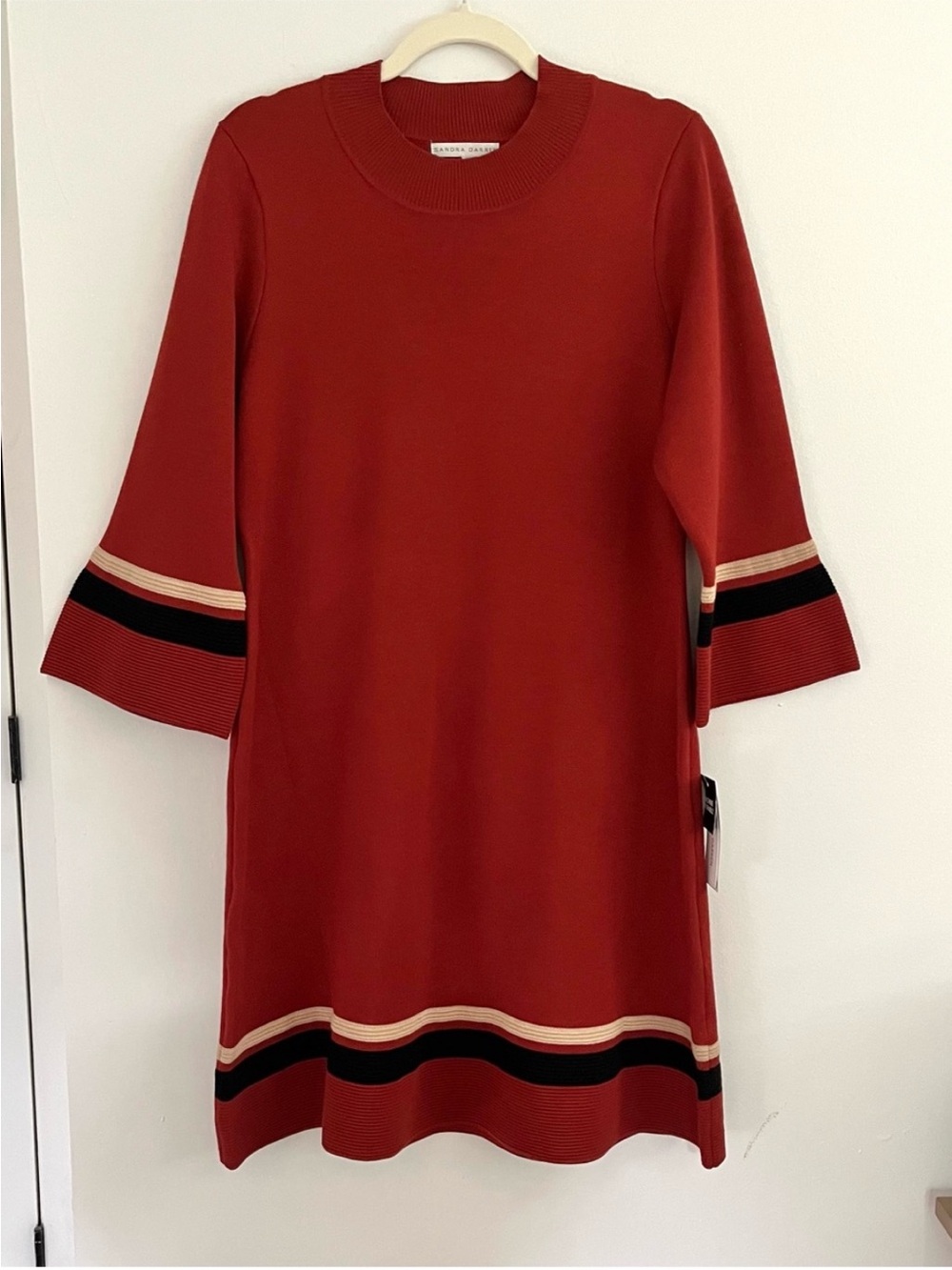 NWT Sandra Darren Red Ribbed Knit 3/4 Bell Flare Sleeve Fall Retro Boho Dress XL